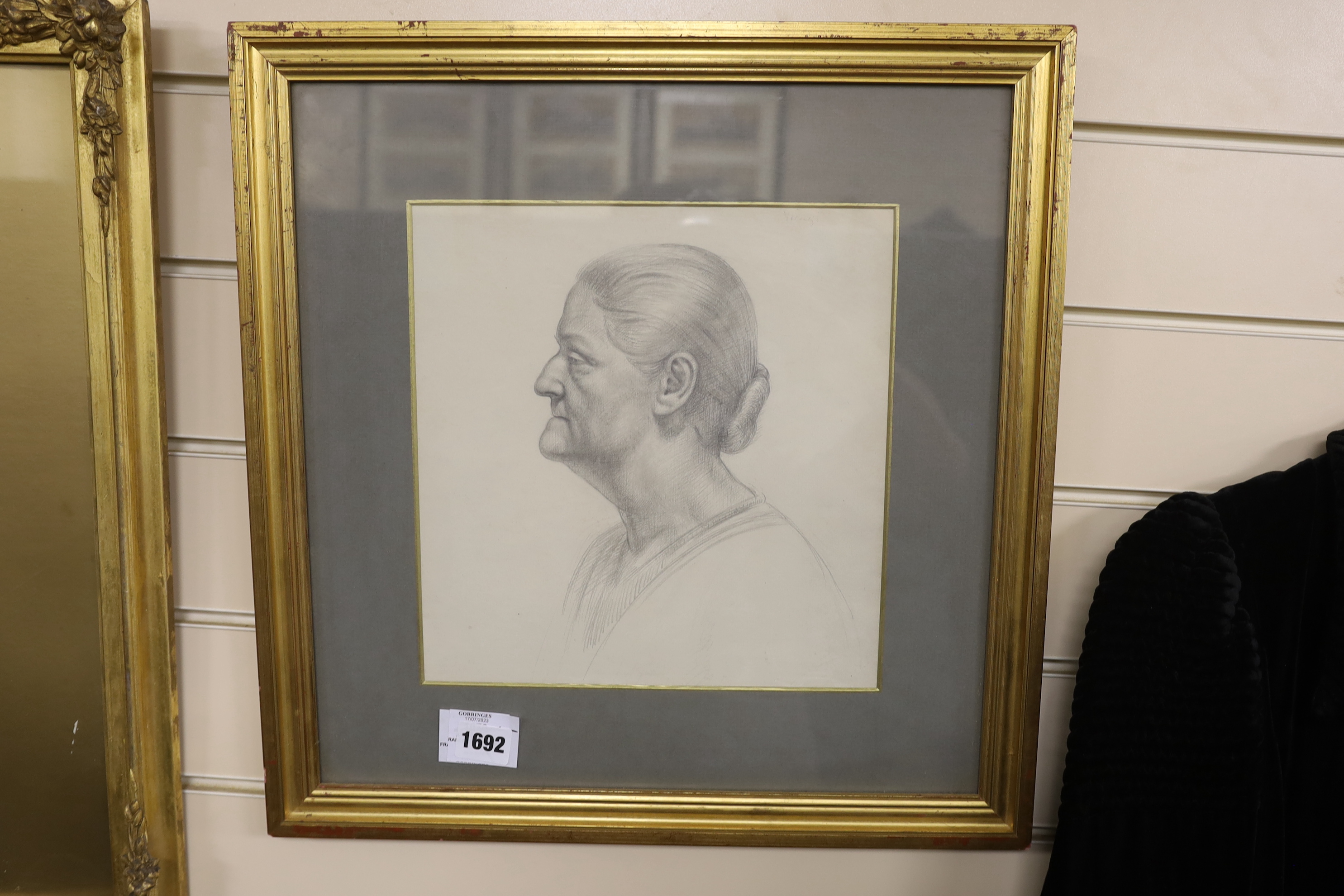 Attributed to Frances Dodd (1874-1949), pencil drawing, Portrait of an old woman, inscribed Vicagi, 26 x 25cm